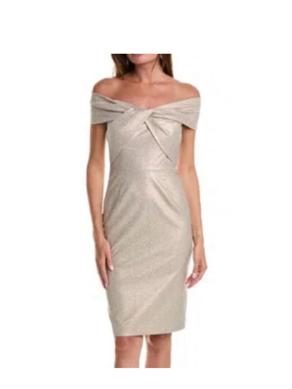 Teri Jon Metallic Champagne/light gold Twist-front off the shoulder sheath dress